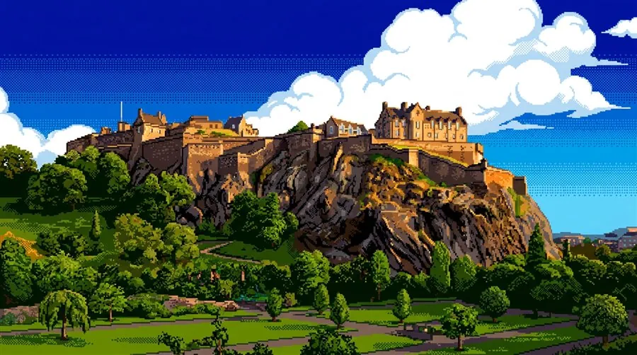 Pixel-art illustration of Edinburgh Castle on its rock above Princes Street Gardens
