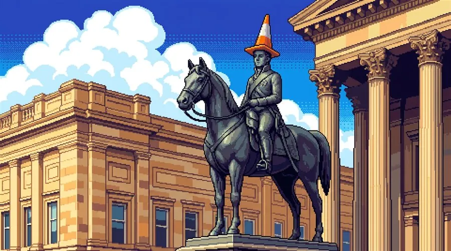 Pixel-art illustration of the Duke of Wellington statue, traffic cone on his head, outside Glasgow's Gallery of Modern Art